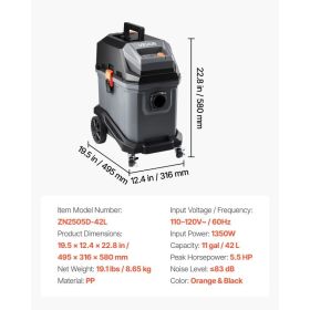 Commercial Shop Vac, 11 Gallon Wet Dry Shop Vacuum, 5.5 Peak HP Portable With One-Button Self-Cleaning, 1350W Input, 1.25in X 7ft Hose, 20ft Cord (Option: Black)