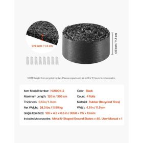 Rubber Mulch Mat Roll, 4 Rolls 120 X 4.5 In, Recycled Rubber Permanent Mulch Edging Border, Natural-Looking Flower Barrier With Stakes, 0.5 In Th (Option: Black)