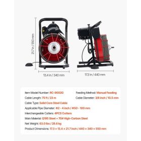 Drain Cleaner Machine 75 FT X 3/8 Inch, Sewer Snake Auger Manual Feed With 4 Cutters & Air-activated Foot Switch For 2" To 4" Pipes (Option: Black)