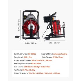 Drain Cleaner Machine 50 FT X 5/16 Inch, Auto Feed Sewer Snake Auger With 4 Cutters & Air-Activated Foot Switch For 2" To 4" Pipes (Option: Black)